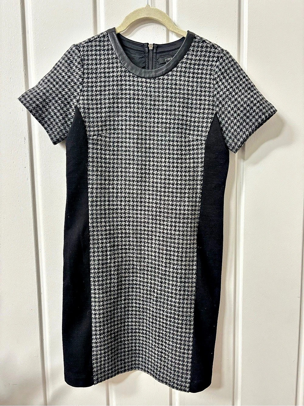 J.Crew Mixed Houndstooth Dress with Leather Trim Black & White Size 0